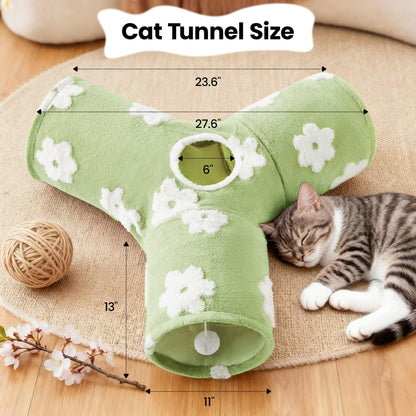 Tempcore Pet Cat Tunnel Tube Toys 3 Way Collapsible, Tunnels for Indoor Cats, Interactive Tube with Teaser Wand, Peek Holes & Hanging Ball, Black & Blue