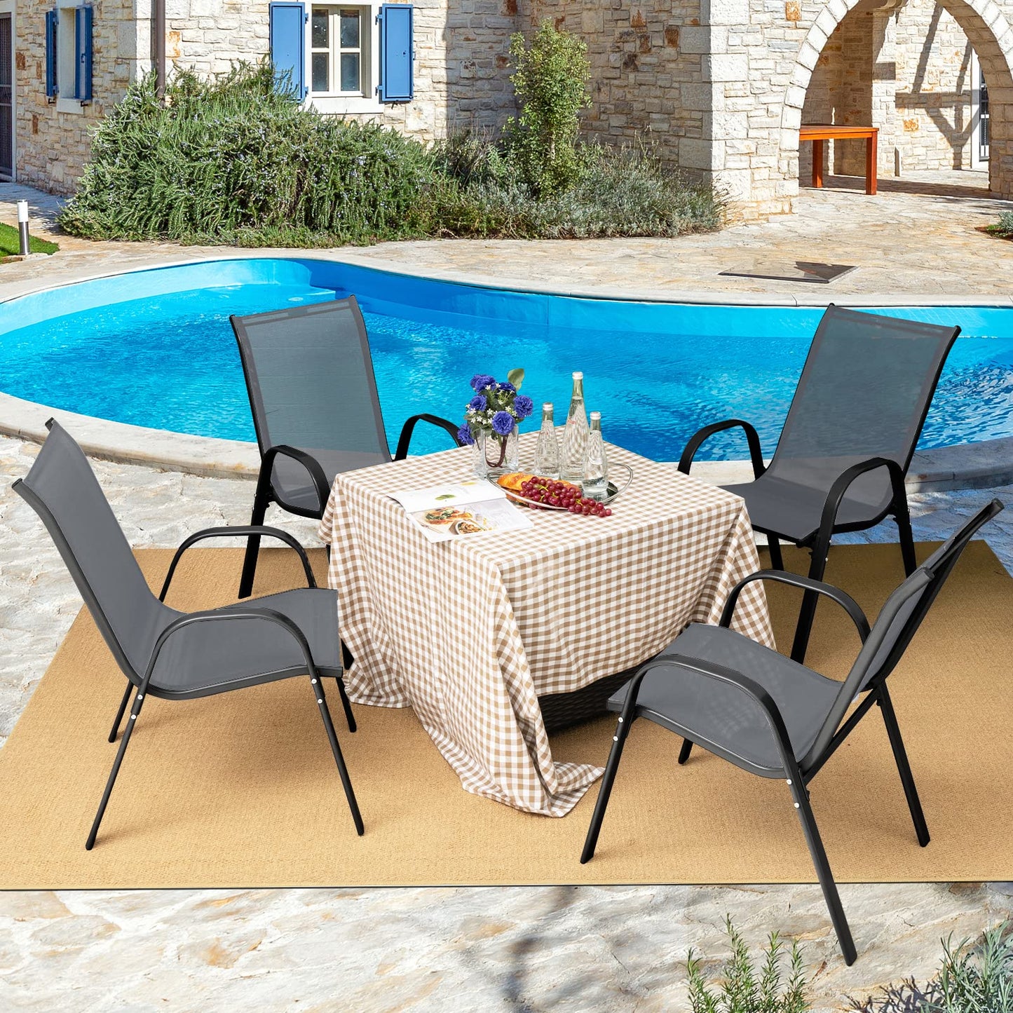 Tangkula Patio Dining Chairs Set of 4, Outdoor Stackable All Weather Heavy Duty Dining Chairs Set with Armrests, Support 330 LBS, for Poolside, Backyard, Garden, Deck, Front Porch (Brown)