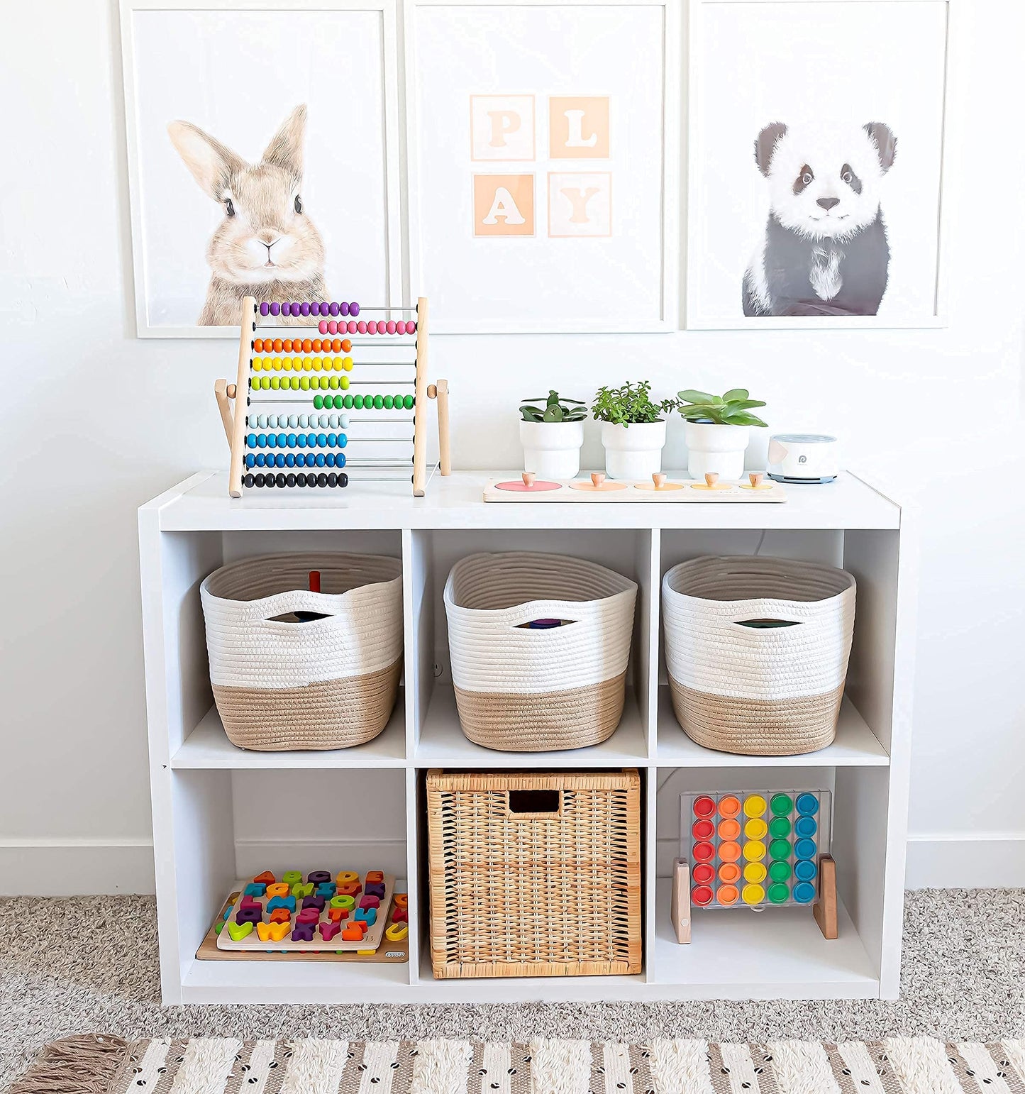 Light Honey Cotton Rope Baskets for Shelves, Set of 3 - 15"×10"×9½" - Woven Storage Baskets for Organizing - Closet, Nursery, Bedroom, Playroom - Toys, Books, Towels, Clothes