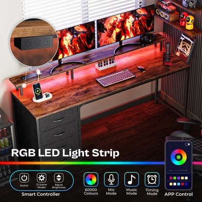 Huuger 47 Inch Computer Desk with Power Outlets and LED Lights, Gaming Desk with 4 Drawers, Office Desk with Monitor Stand, Study Work Home Office, Small Spaces, Black