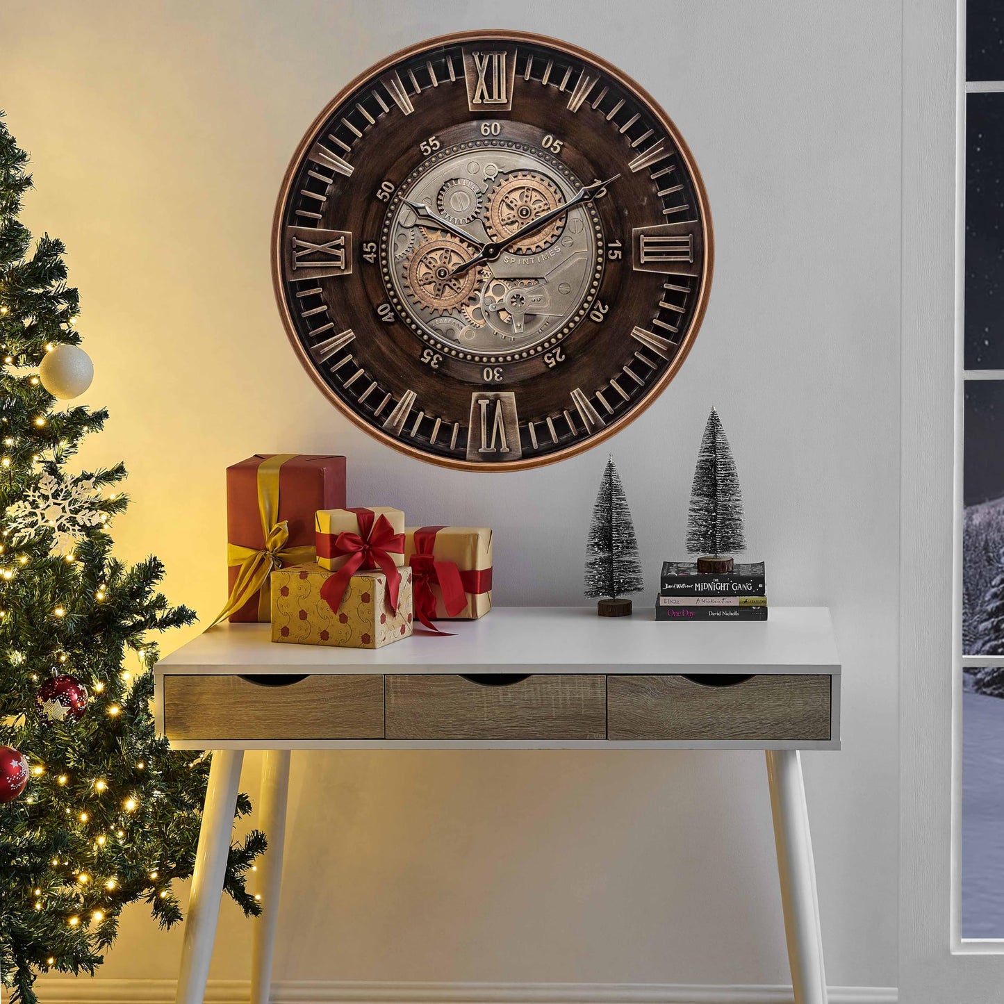 CLXEAST Mid Century Minimalist Modern Wall Clocks,24 Inch Wall Clock with Moving Gears, Large Cream Gold Wall Clocks for Living Room Decor,House Warming Gifts New Home