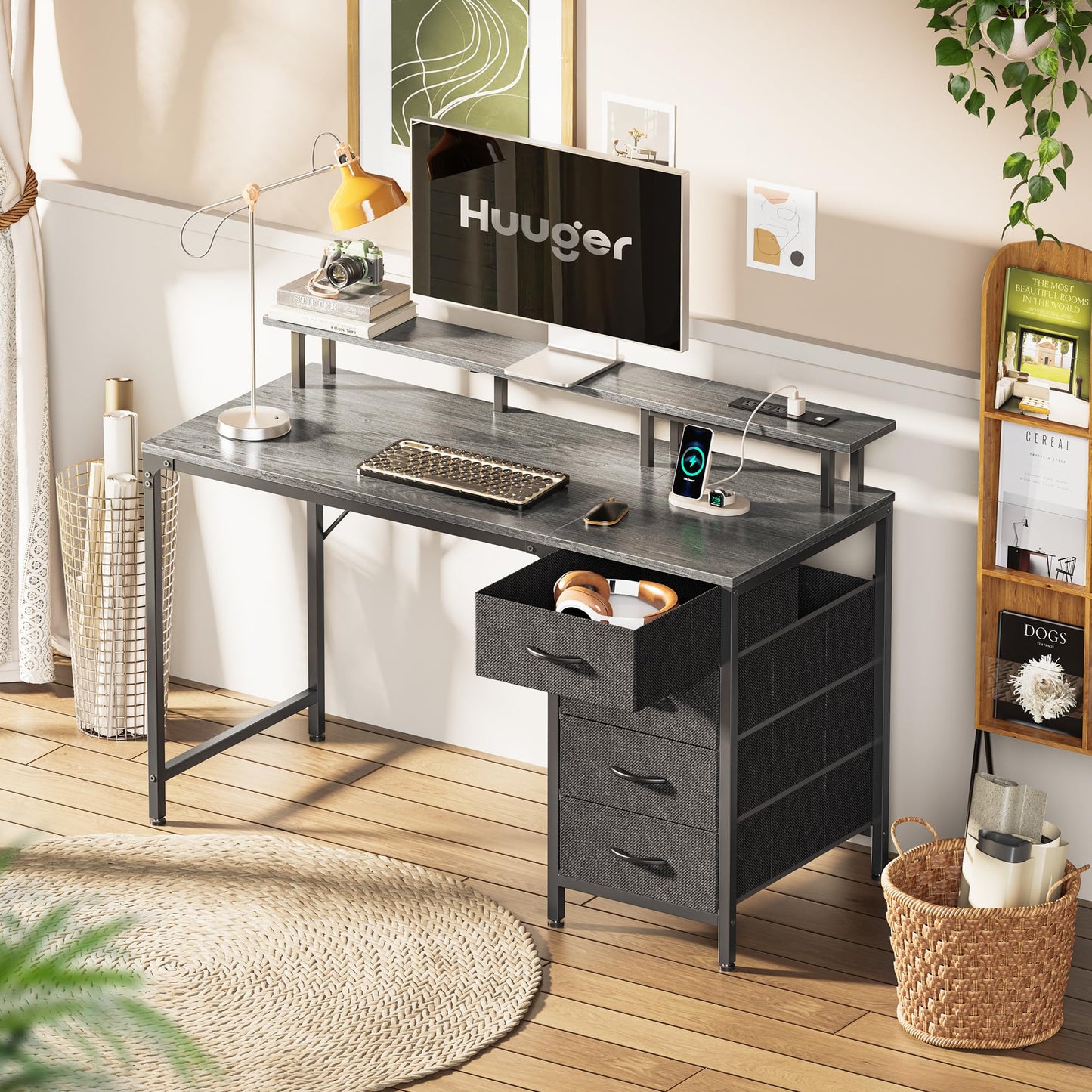 Huuger 47 Inch Computer Desk with Power Outlets and LED Lights, Gaming Desk with 4 Drawers, Office Desk with Monitor Stand, Study Work Home Office, Small Spaces, Black
