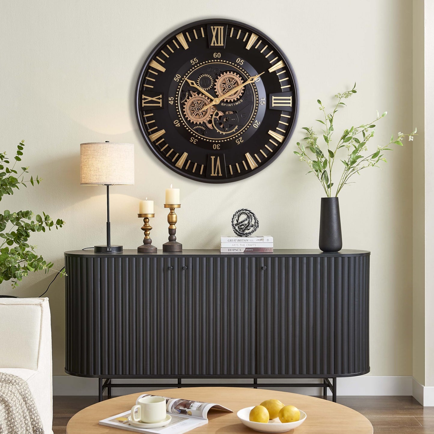 CLXEAST Mid Century Minimalist Modern Wall Clocks,24 Inch Wall Clock with Moving Gears, Large Cream Gold Wall Clocks for Living Room Decor,House Warming Gifts New Home