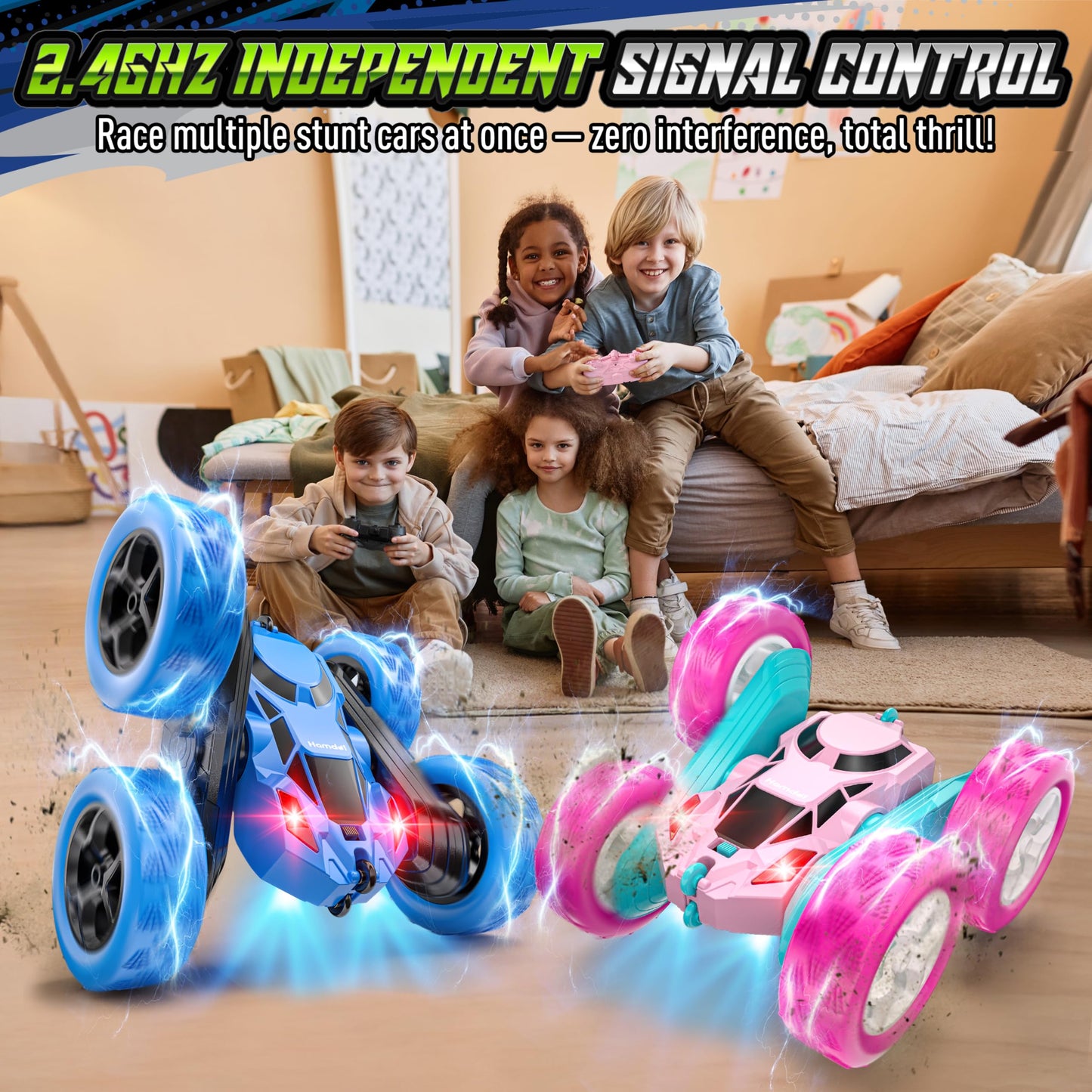 Hamdol Remote Control Car for Kids, 360° Rotating Double-Sided RC Car with LED Headlights, 4WD 2.4GHz Electric Rechargeable Toy Vehicle for Boys and Girls, Perfect Birthday