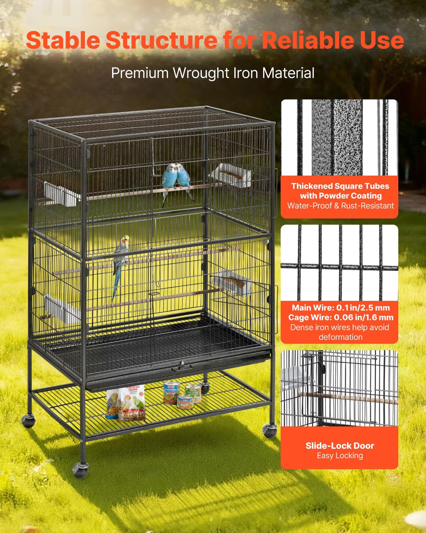 VEVOR Bird Cage, 24.6 x 16.7 x 53.9 inch, Flat Top, Wrought Iron Bird Flight Cage with Perches, Slide-Out Tray and Plastic Feeders, Casters, for Parrot, Blue Tit, Cockatiel, Canary, Budgerigar, Conure
