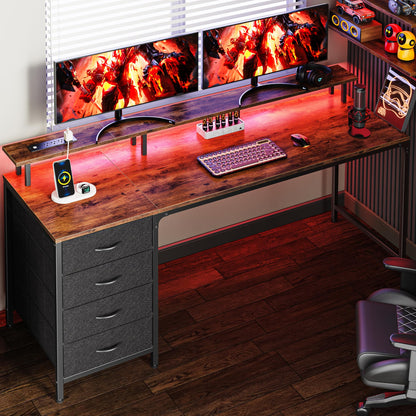 Huuger 47 Inch Computer Desk with Power Outlets and LED Lights, Gaming Desk with 4 Drawers, Office Desk with Monitor Stand, Study Work Home Office, Small Spaces, Black