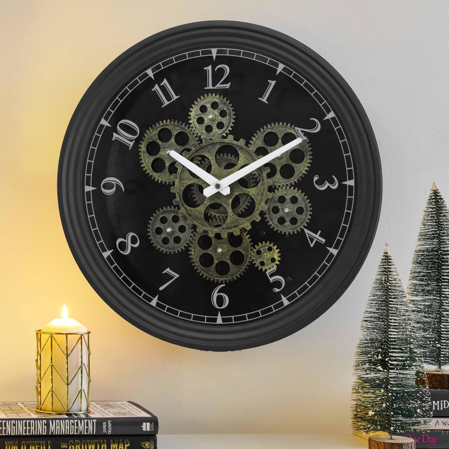 CLXEAST Mid Century Minimalist Modern Wall Clocks,24 Inch Wall Clock with Moving Gears, Large Cream Gold Wall Clocks for Living Room Decor,House Warming Gifts New Home