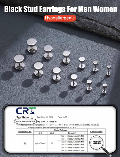 FIBO STEEL 6 Pairs Stainless Steel Black Stud Earrings for Men Women Faux Gauges Ear Tunnel Fake Gauge Earrings 3-8mm