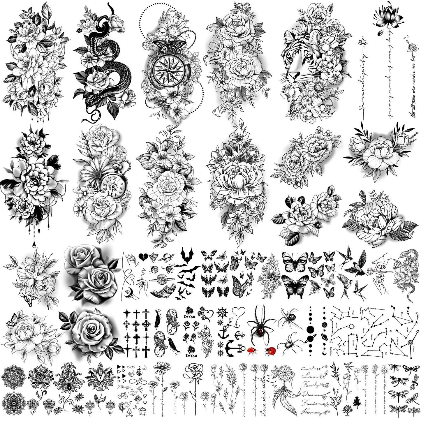 Yazhiji 36 Sheets Temporary Tattoos Stickers, 12 Sheets Fake Body Arm Chest Shoulder Tattoos for Men or Women with 24 PCS Tiny Black Tattoos