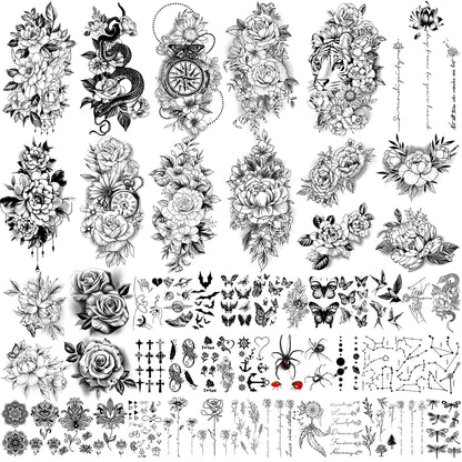 Yazhiji 36 Sheets Temporary Tattoos Stickers, 12 Sheets Fake Body Arm Chest Shoulder Tattoos for Men or Women with 24 PCS Tiny Black Tattoos
