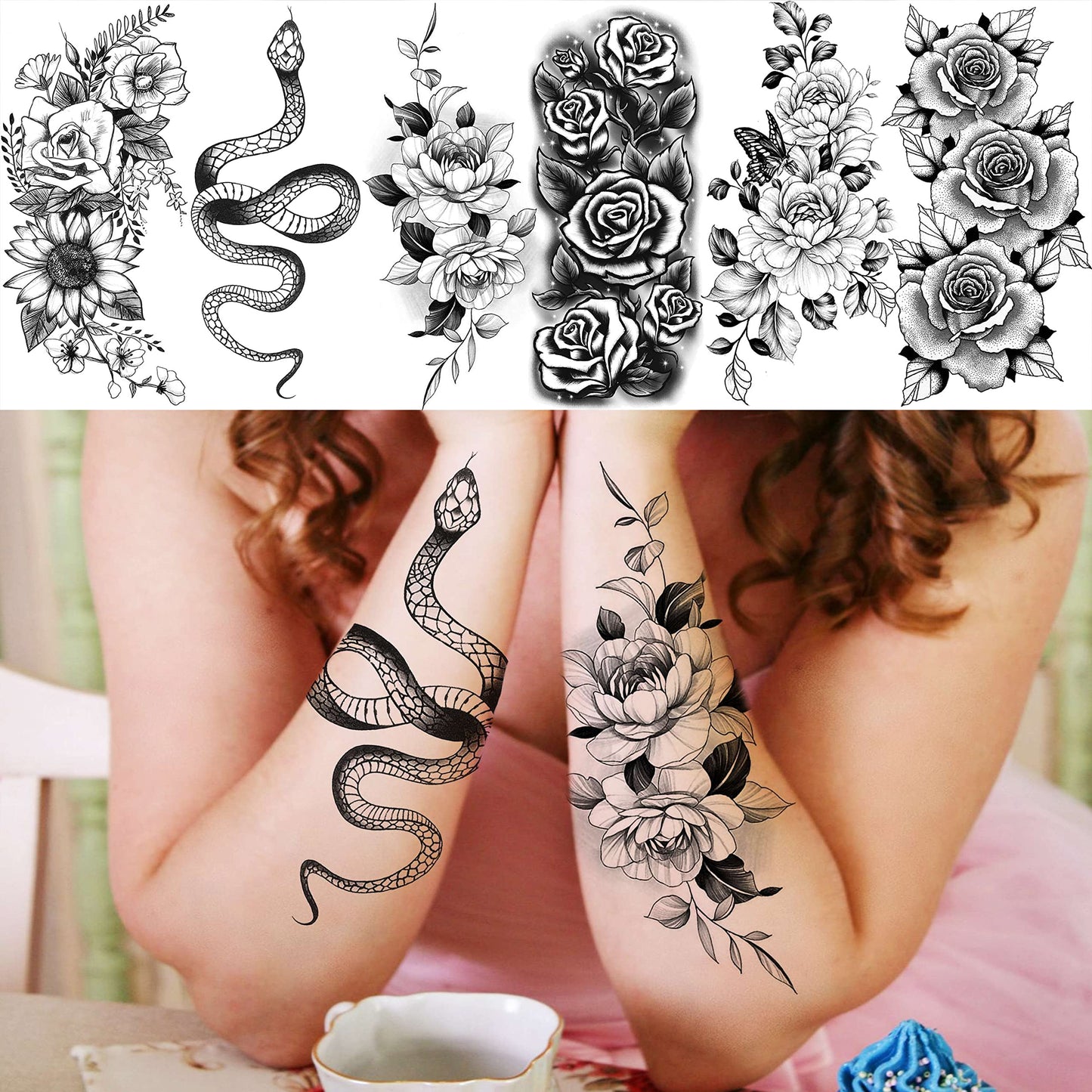 12 Sheets Beautiful Butterfly Flowers Temporary Tattoos For Women Feet Hands Body Art, Realistic Rose Peony Floral Fake Tattoo Sticker For Legs Ankle, Waterproof Lily Dreamcatcher Temp Tatoos Decals