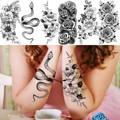 12 Sheets Beautiful Butterfly Flowers Temporary Tattoos For Women Feet Hands Body Art, Realistic Rose Peony Floral Fake Tattoo Sticker For Legs Ankle, Waterproof Lily Dreamcatcher Temp Tatoos Decals