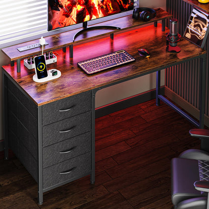 Huuger 47 Inch Computer Desk with Power Outlets and LED Lights, Gaming Desk with 4 Drawers, Office Desk with Monitor Stand, Study Work Home Office, Small Spaces, Black