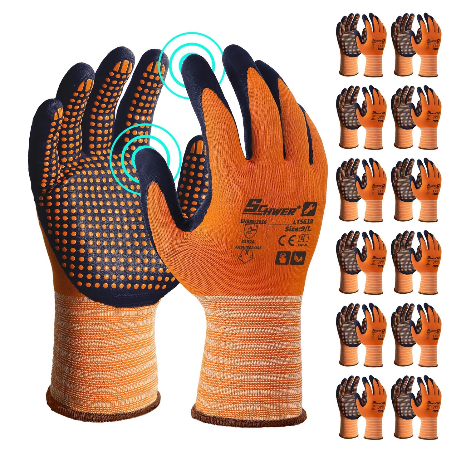Schwer 3/6/12 Pairs Safety Work Gloves with Certified Level 6 Abrasion Resistance, Gardening Gloves with MicroDot Grip, Touchscreen, General A1 Cut Resistant Glove MicroFoam Nitrile Coated, LT5619, L