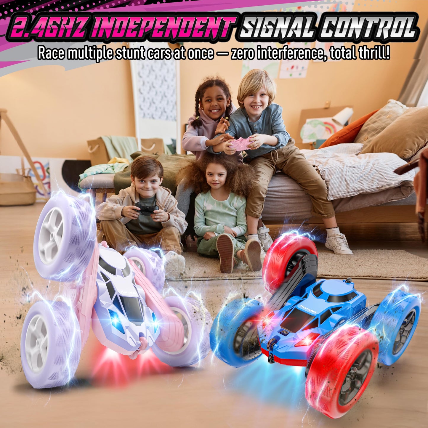 Hamdol Remote Control Car for Kids, 360° Rotating Double-Sided RC Car with LED Headlights, 4WD 2.4GHz Electric Rechargeable Toy Vehicle for Boys and Girls, Perfect Birthday