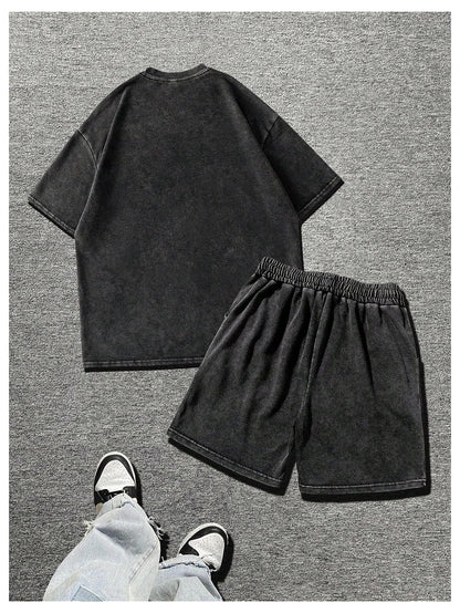 BEAUDRM Men's Y2k 2 Piece Vintage Outfits Punk Grunk Graphic Wash Short Sleeve T-Shirt and Drawstring Shorts Streetwear