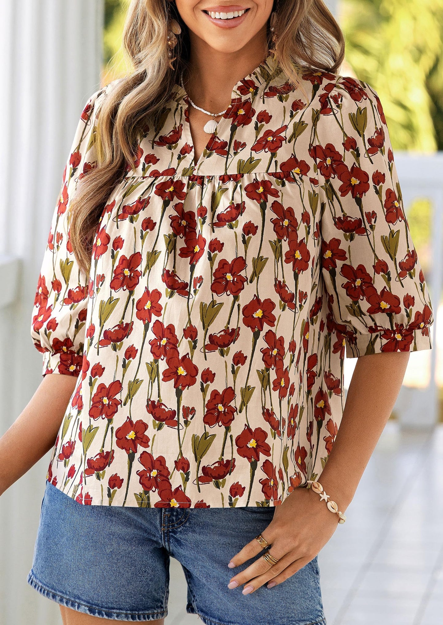 PRETTYGARDEN Women's 2026 Summer Floral Blouses Dressy Casual Half Sleeve V Neck Going Out Boho Tops Spring Fashion Clothing