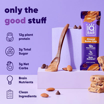 IQBAR Clean Plant Protein Bars, Almond Butter Chip 12-Count | Protein Snack | High Fiber, High Protein, Low Sugar, Clean Label Project Certified | Gluten Free, Dairy Free, Vegan, Keto, Soy Free