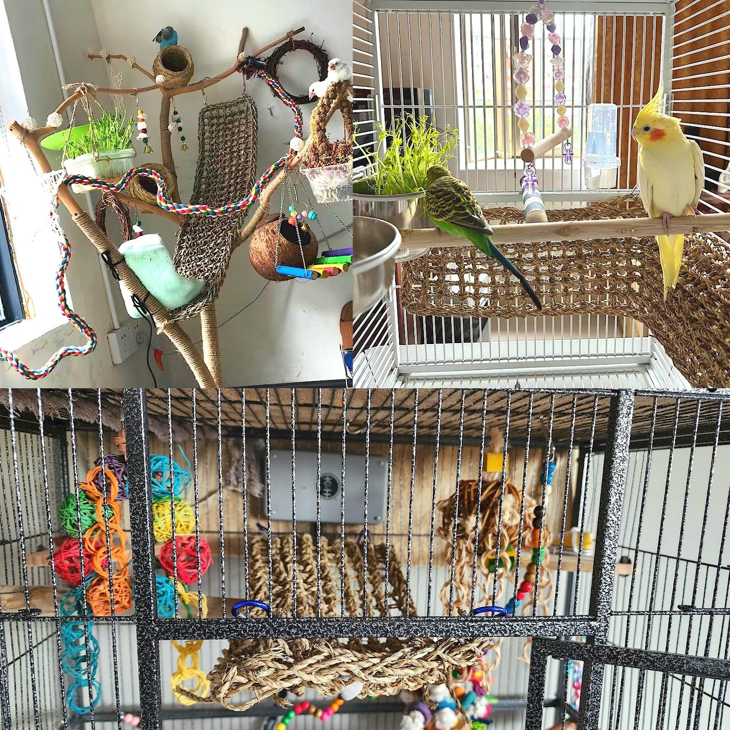 Bird Seagrass Mat 30 x 7 Inch Parrot Natural Seagrass Woven Net Hammock Parakeet Climbing Rope Ladder Mat Chew Toys Cage Accessories for Pigeon Macaw Cockatiel Conure Cockatoo Rat Bearded Dragon