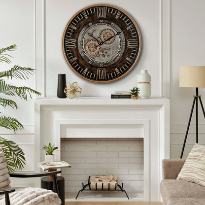 CLXEAST Mid Century Minimalist Modern Wall Clocks,24 Inch Wall Clock with Moving Gears, Large Cream Gold Wall Clocks for Living Room Decor,House Warming Gifts New Home