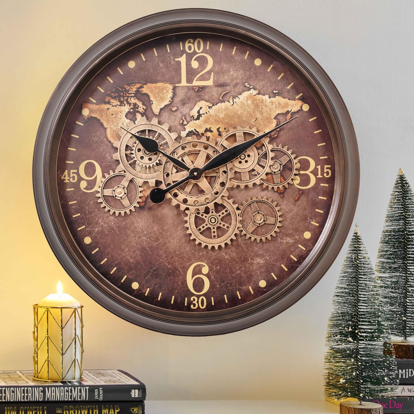 CLXEAST Mid Century Minimalist Modern Wall Clocks,24 Inch Wall Clock with Moving Gears, Large Cream Gold Wall Clocks for Living Room Decor,House Warming Gifts New Home