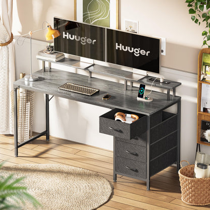 Huuger 47 Inch Computer Desk with Power Outlets and LED Lights, Gaming Desk with 4 Drawers, Office Desk with Monitor Stand, Study Work Home Office, Small Spaces, Black