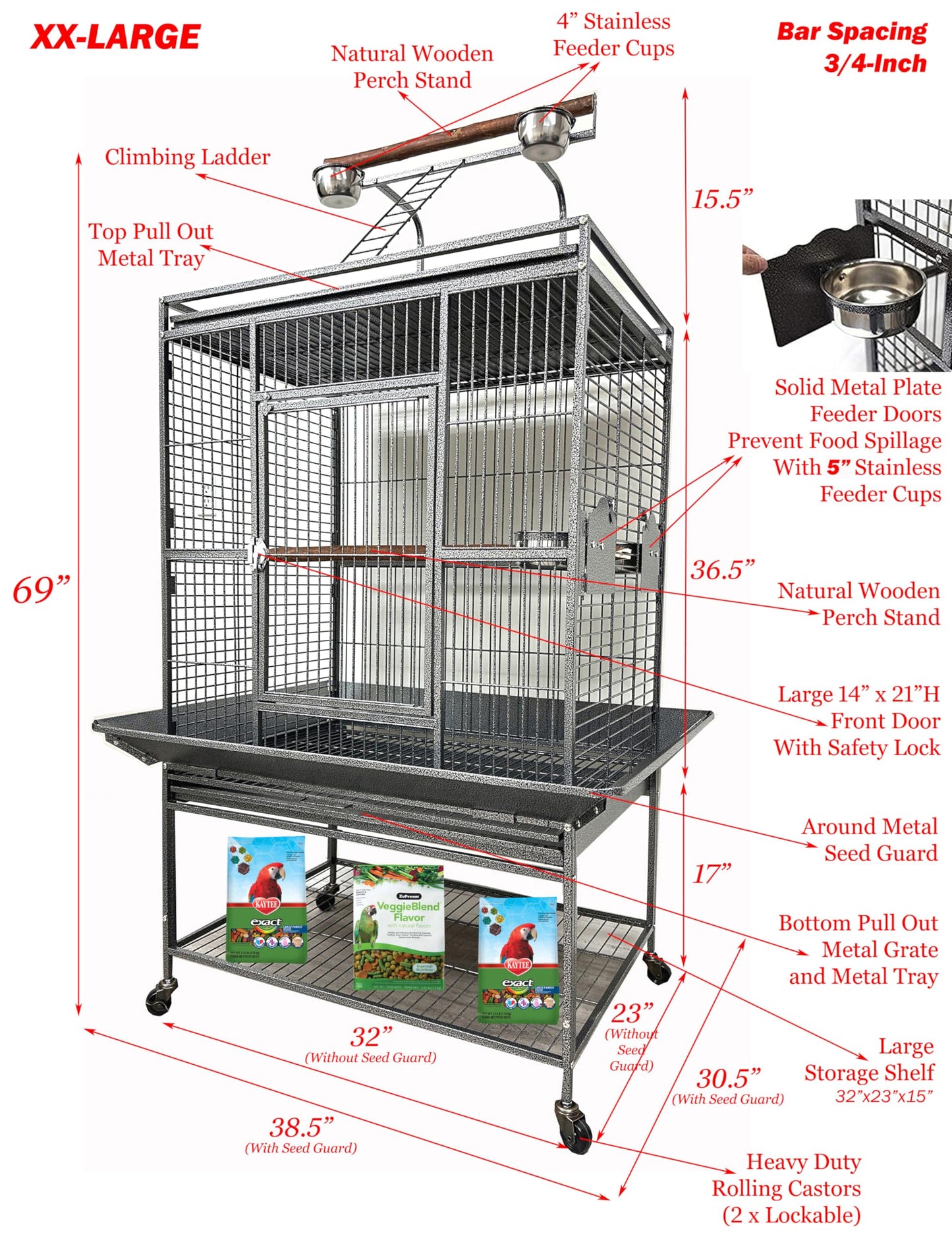 Large Elegant and Durable Wrought Iron Play Ground Perch Stand Top Climbing Ladder Bird Parrot Rolling Metal Cage with Around Seed Guard Storage Shelf On Heavy Duty Lockable Rolling Wheels