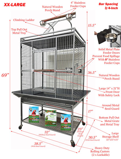 Large Elegant and Durable Wrought Iron Play Ground Perch Stand Top Climbing Ladder Bird Parrot Rolling Metal Cage with Around Seed Guard Storage Shelf On Heavy Duty Lockable Rolling Wheels