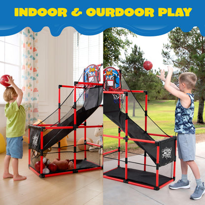 JOYIN Arcade Basketball Game Set with 4 Balls and Hoop for Kids 3+ Years Old Indoor Outdoor Sport Play - Easy Set Up - Air Pump Included - Ideal for Competition