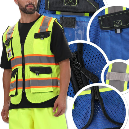 JKSafety Hi Vis Reflective Safety Vests for Men Women High Visibility Vest with Pockets Mesh Fabric Construction Safety Apparel Neon Vest for Work (220-Yellow L)