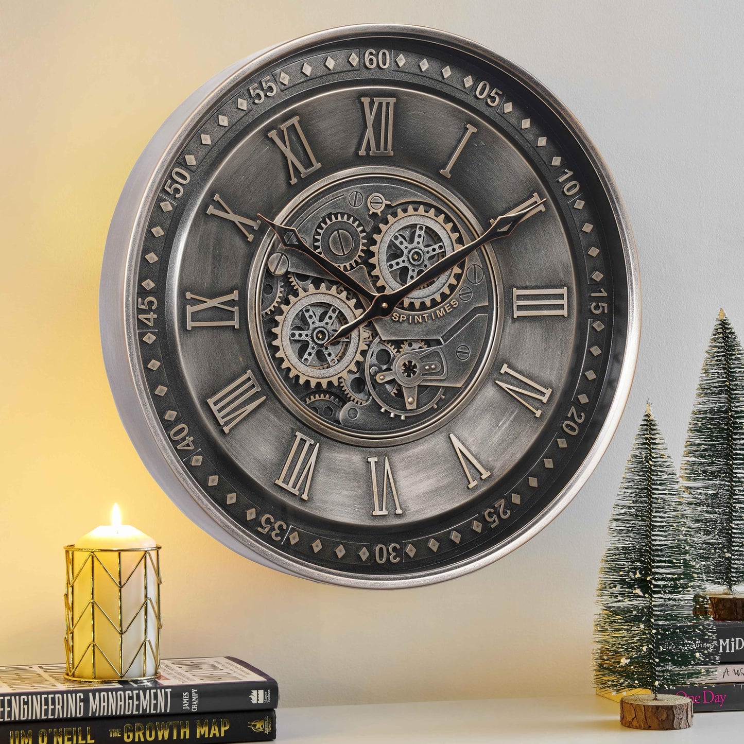 CLXEAST Mid Century Minimalist Modern Wall Clocks,24 Inch Wall Clock with Moving Gears, Large Cream Gold Wall Clocks for Living Room Decor,House Warming Gifts New Home