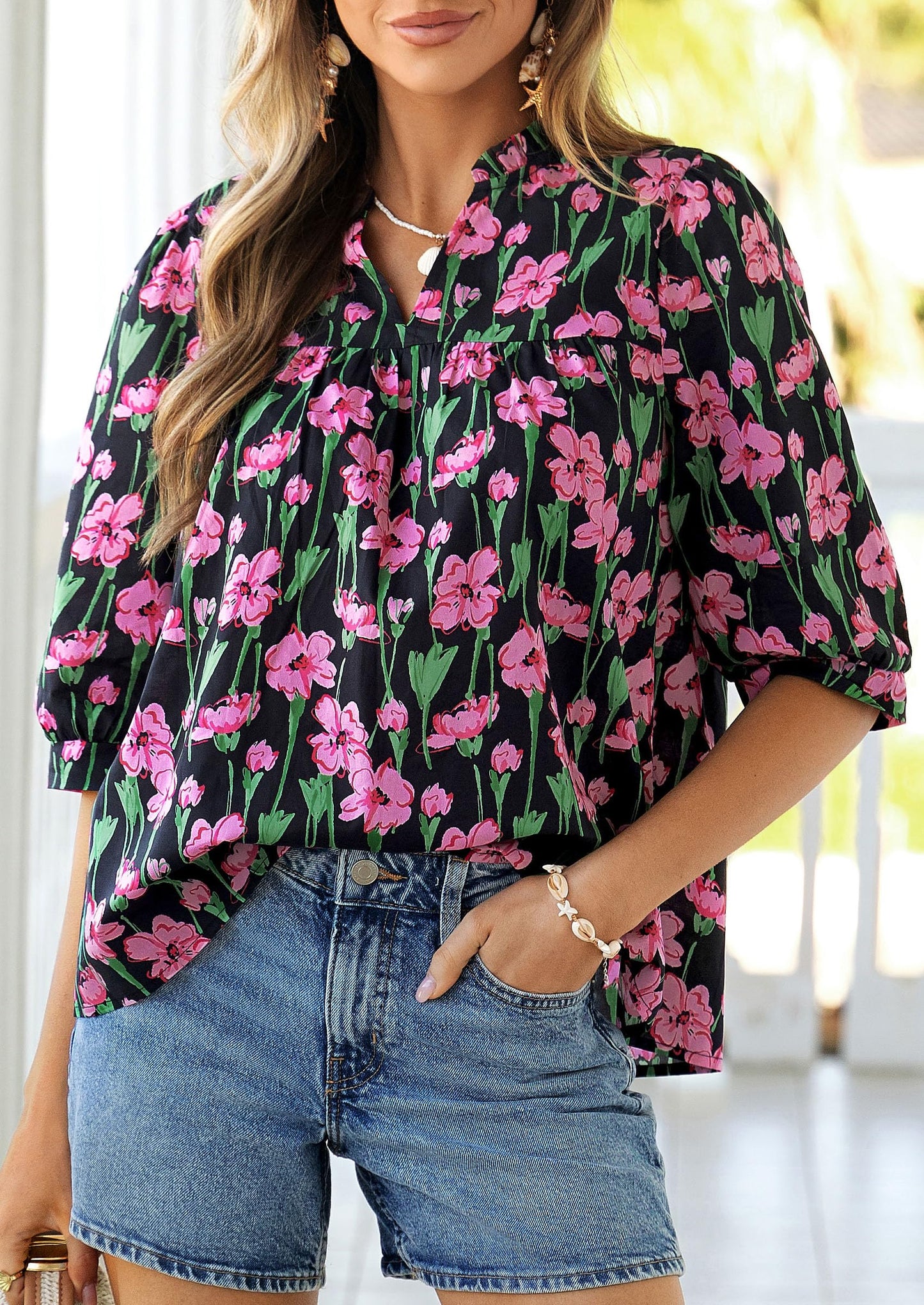PRETTYGARDEN Women's 2026 Summer Floral Blouses Dressy Casual Half Sleeve V Neck Going Out Boho Tops Spring Fashion Clothing