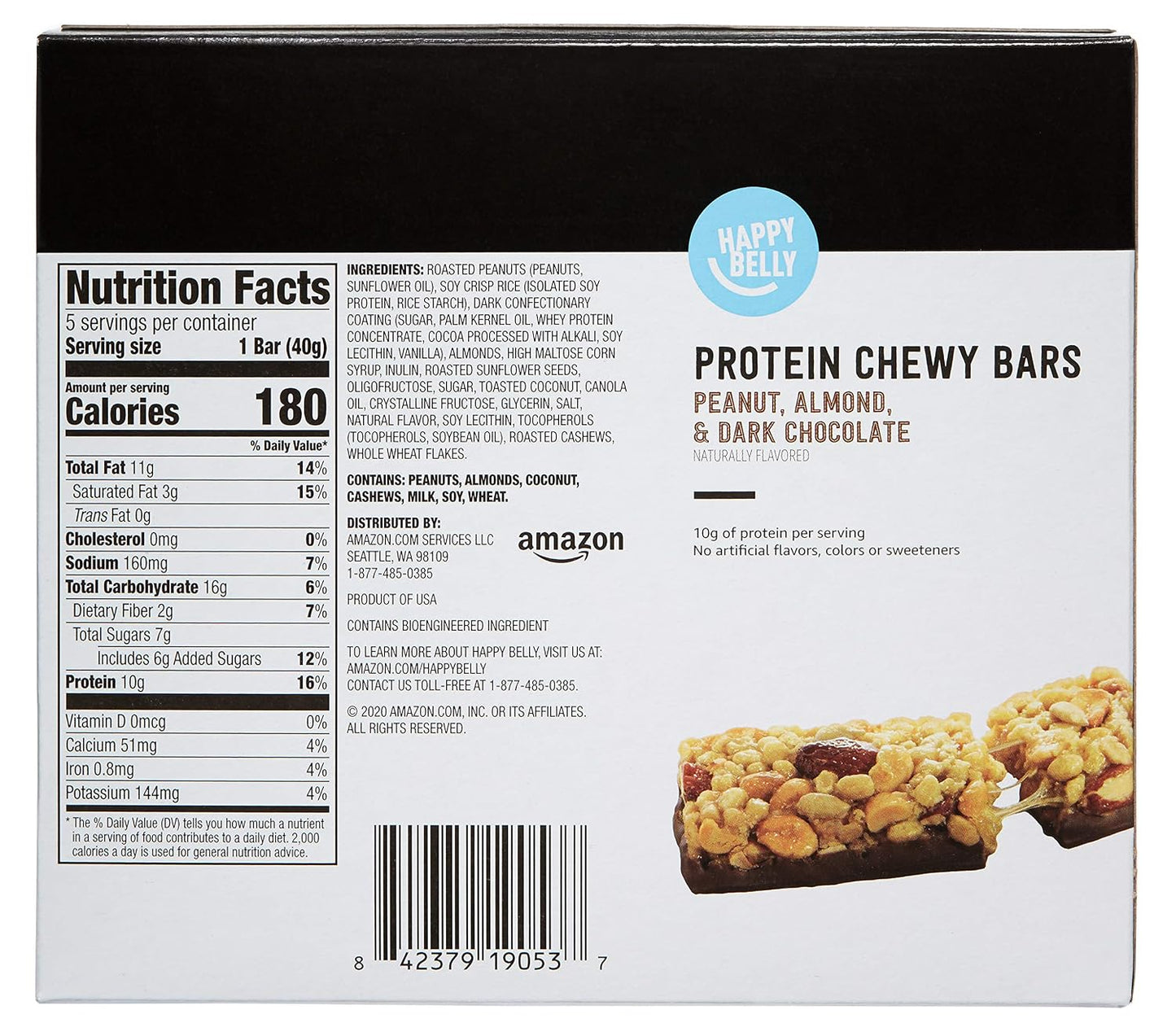 Amazon Brand - Happy Belly Protein Chewy Bars, Peanut, Almond & Dark Chocolate, 5 Count (Pack of 2)