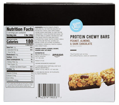 Amazon Brand - Happy Belly Protein Chewy Bars, Peanut, Almond & Dark Chocolate, 5 Count (Pack of 2)