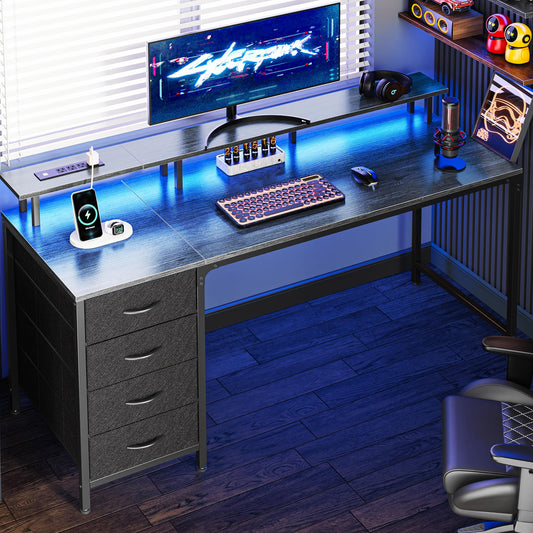 Huuger 47 Inch Computer Desk with Power Outlets and LED Lights, Gaming Desk with 4 Drawers, Office Desk with Monitor Stand, Study Work Home Office, Small Spaces, Black