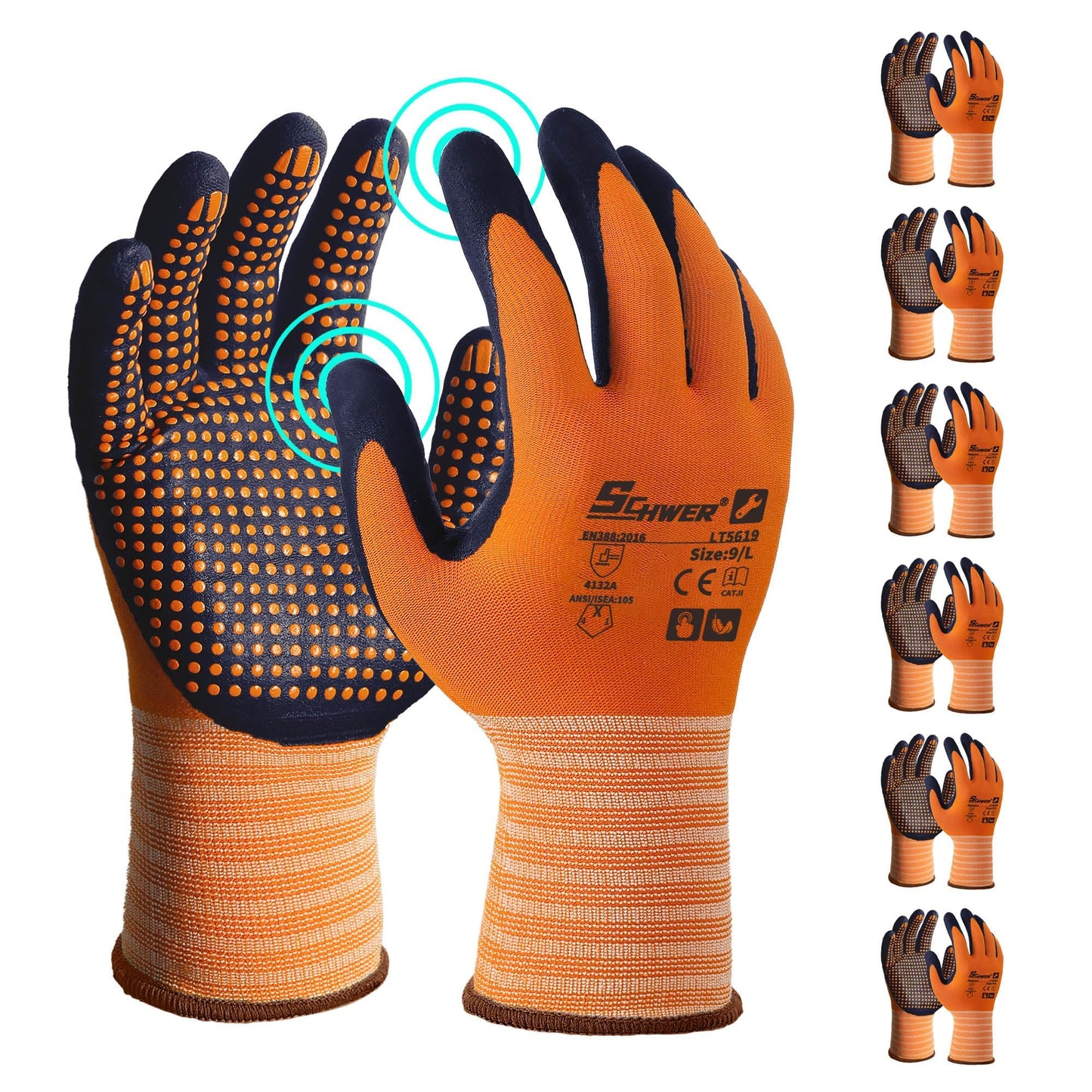 Schwer 3/6/12 Pairs Safety Work Gloves with Certified Level 6 Abrasion Resistance, Gardening Gloves with MicroDot Grip, Touchscreen, General A1 Cut Resistant Glove MicroFoam Nitrile Coated, LT5619, L