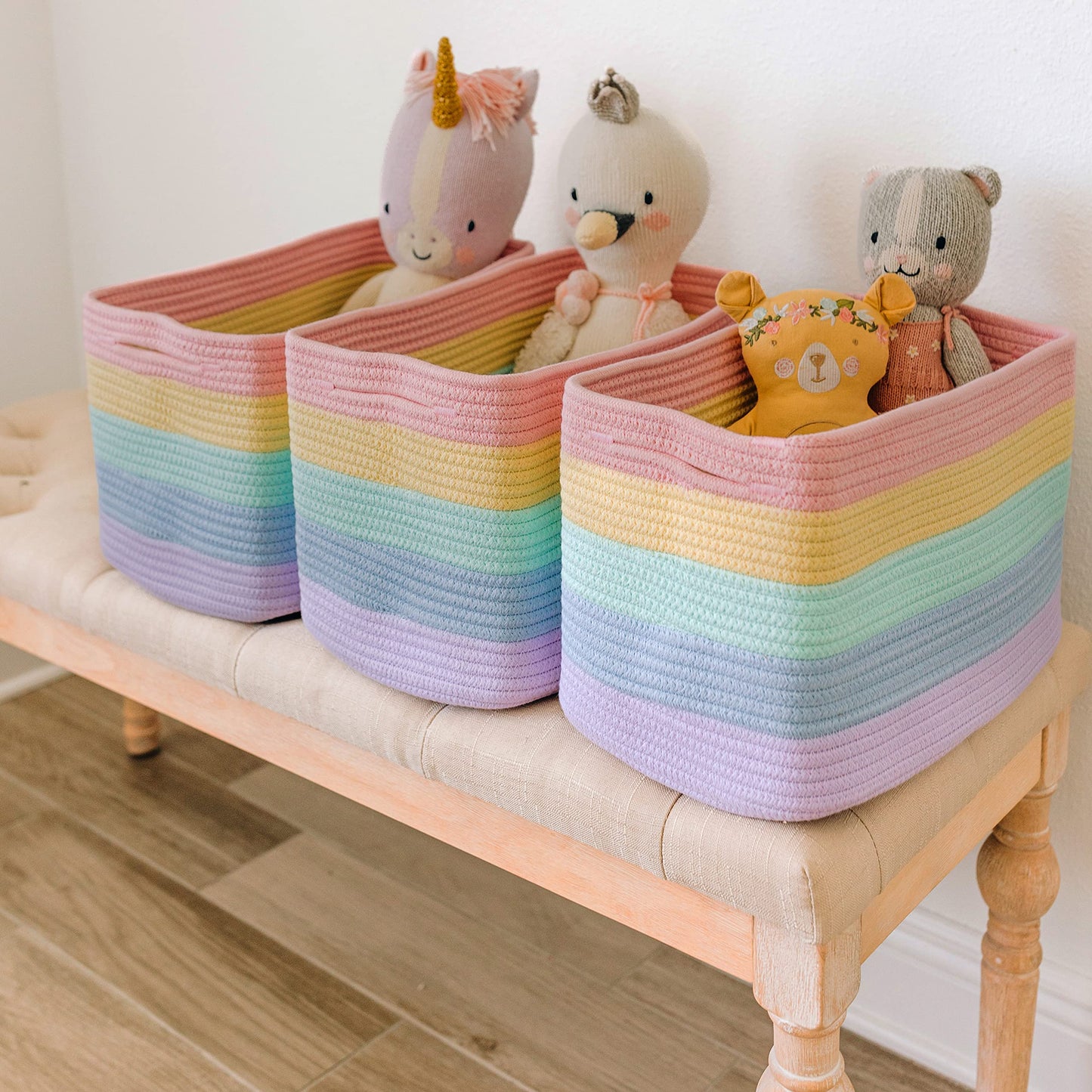 Light Honey Cotton Rope Baskets for Shelves, Set of 3 - 15"×10"×9½" - Woven Storage Baskets for Organizing - Closet, Nursery, Bedroom, Playroom - Toys, Books, Towels, Clothes