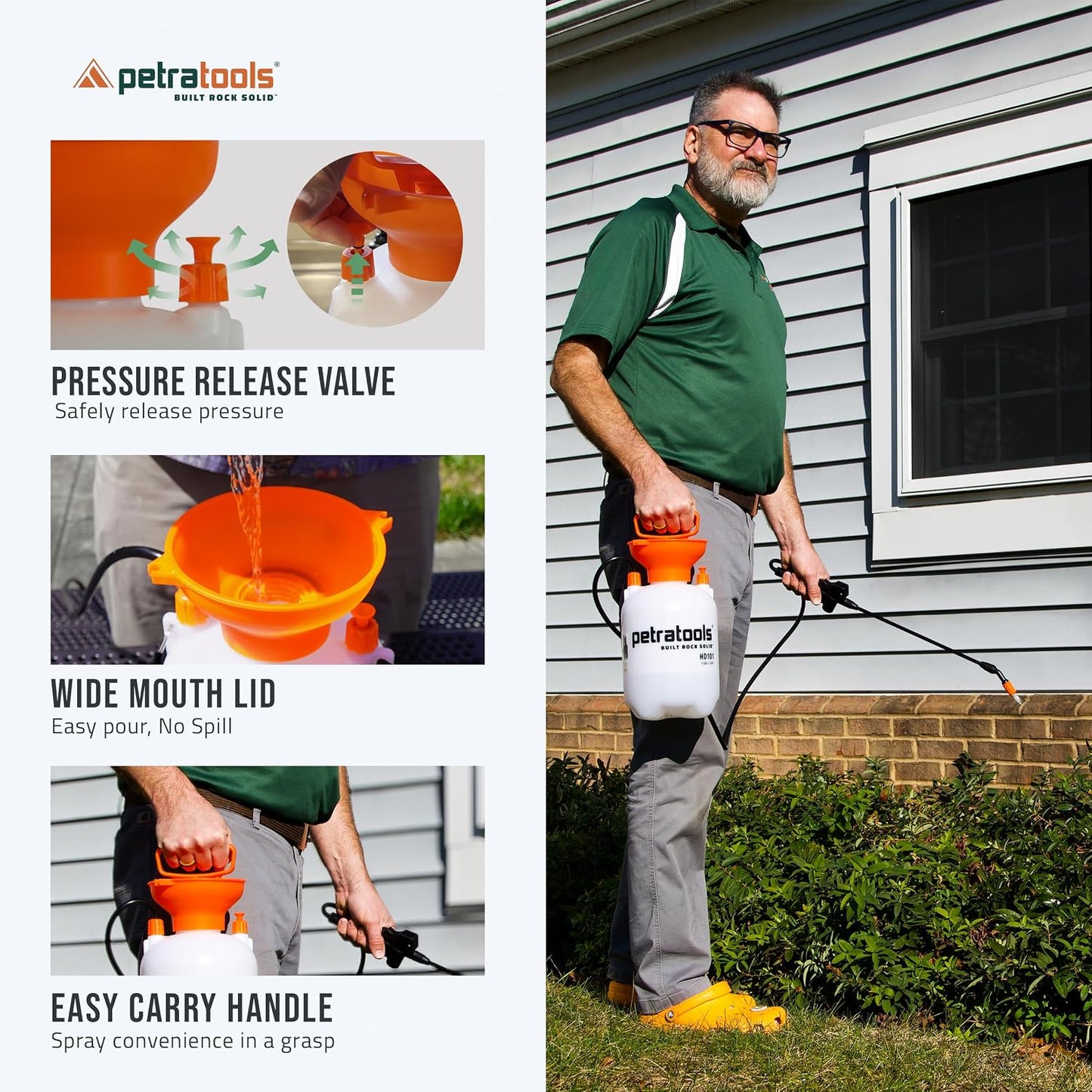 Petratools 1 Gallon Pump Sprayer – HD101 Garden Sprayer for Weeds, Lawn Care & Pesticides – 52” Long Hose, 2 Nozzles & Easy Carry Handle – Durable & Lightweight