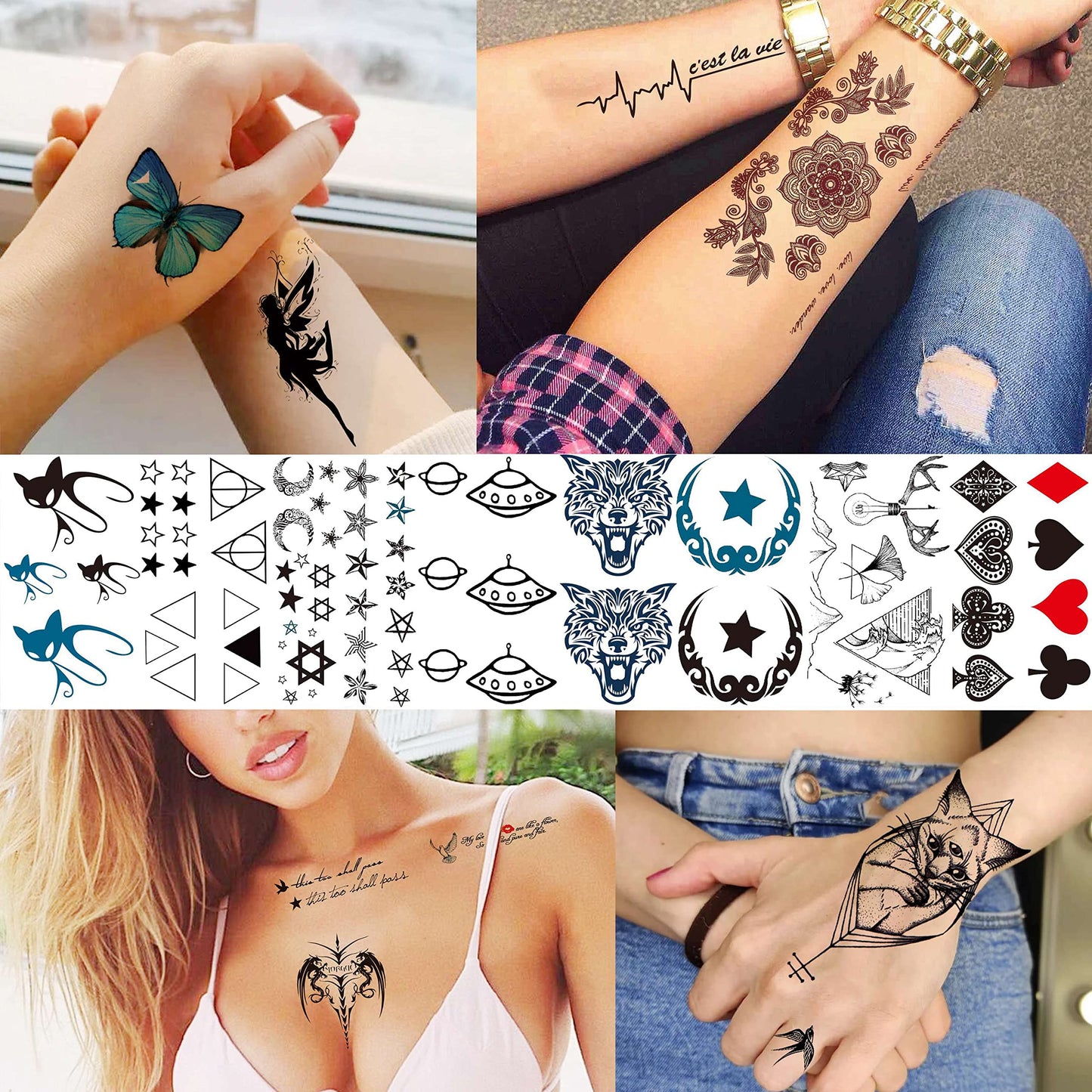 12 Sheets Beautiful Butterfly Flowers Temporary Tattoos For Women Feet Hands Body Art, Realistic Rose Peony Floral Fake Tattoo Sticker For Legs Ankle, Waterproof Lily Dreamcatcher Temp Tatoos Decals