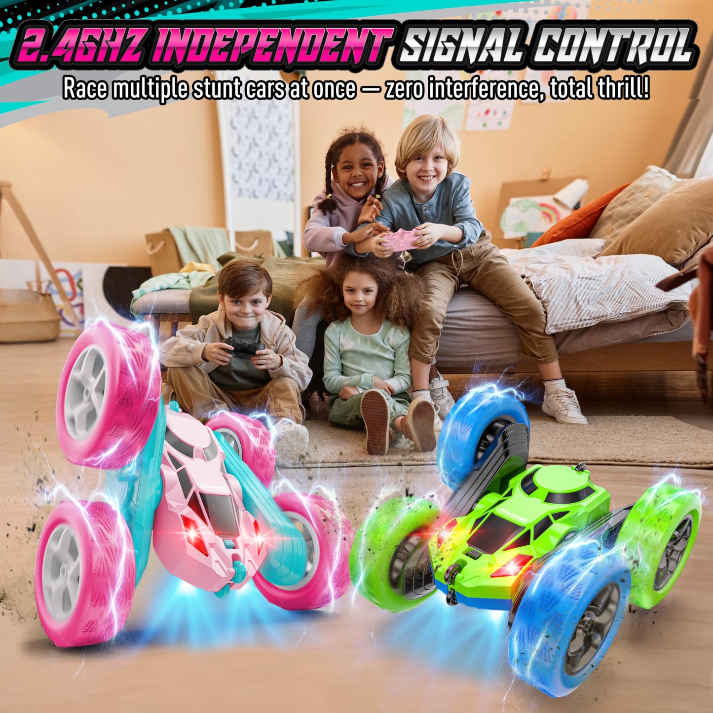 Hamdol Remote Control Car for Kids, 360° Rotating Double-Sided RC Car with LED Headlights, 4WD 2.4GHz Electric Rechargeable Toy Vehicle for Boys and Girls, Perfect Birthday