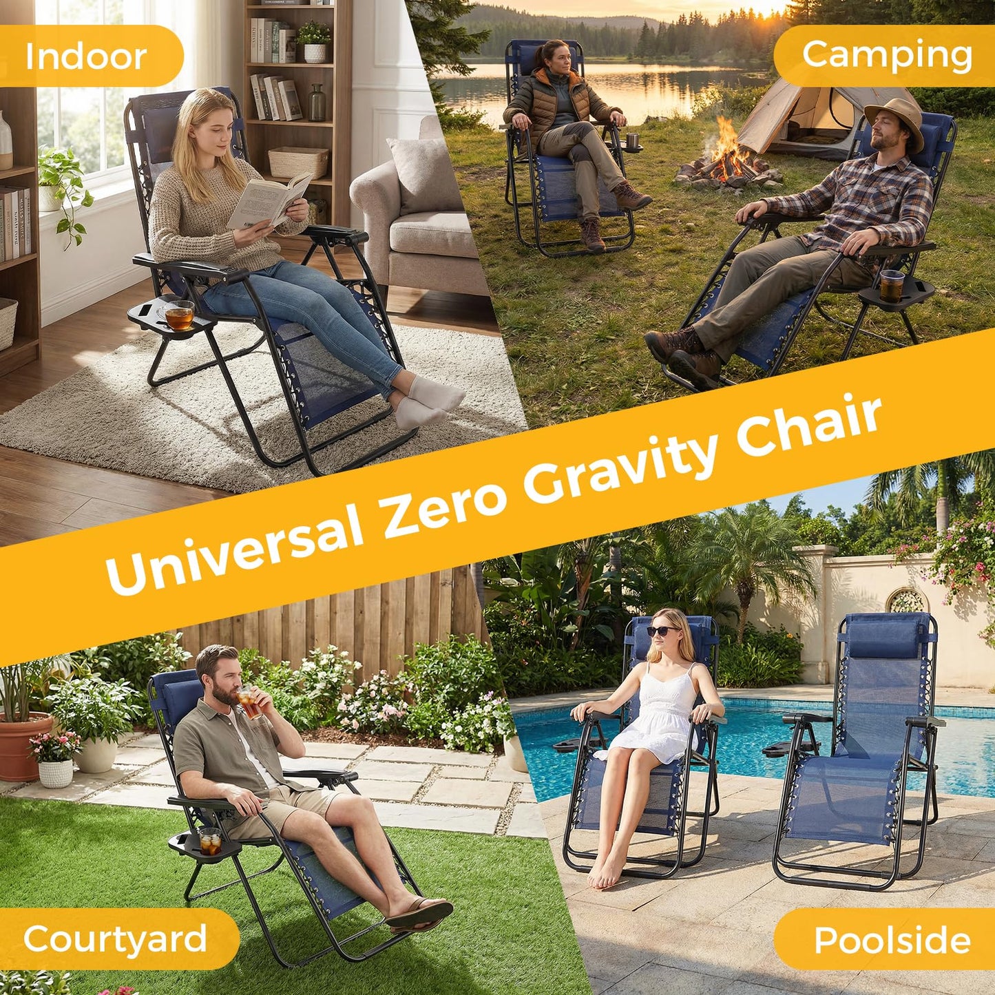 Alpen Zero Gravity Lounge Chair Set of 2, Patio Chair Folding Lounge Chairs for Outside, Portable Camping Chairs with Pillow and Cup Holder, Outdoor Recliner for Beach Outdoor Camping, Black
