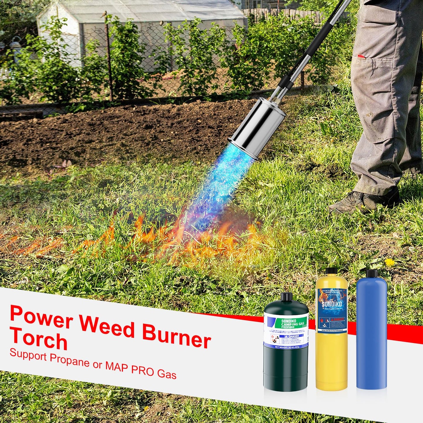 Sondiko Propane Torch Weed Burner, High Output Weed Torch Flamethrower, 30" Detachable Long Arm Heavy Duty Blow Torch For Garden, Wood, Ice, Snow, Melting(PROPANE TANK NOT INCLUDED)