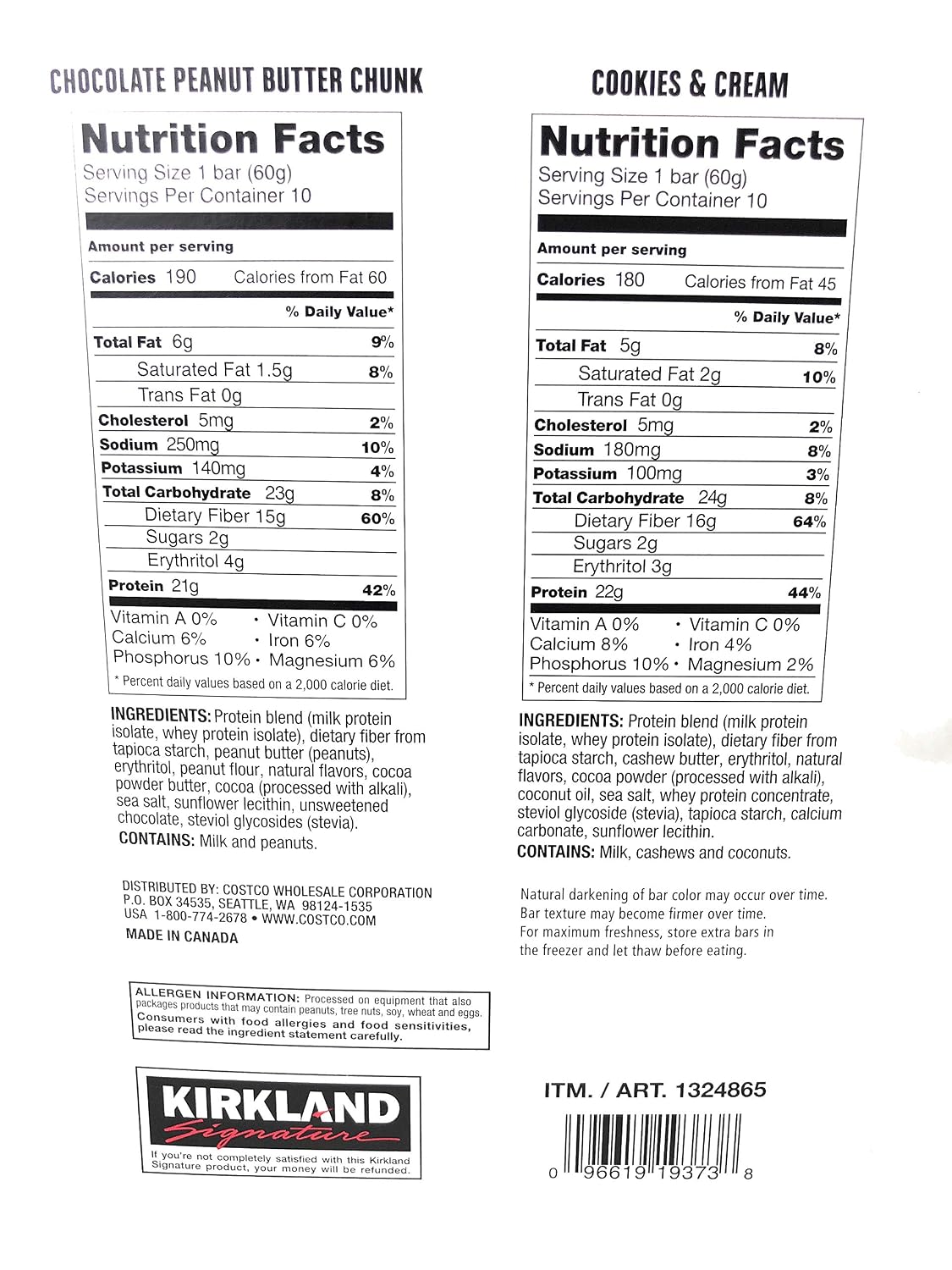 Kirkland Signature Protein Bar Variety Pack 20 Count Chocolate Peanut Butter Chunk & Cookies and Cream Gluten Free 21-22g of Protein 2g Sugar No Artificial Flavors Whey Protein Isolate