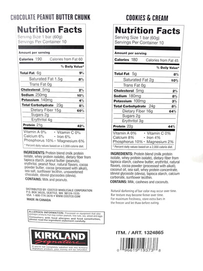 Kirkland Signature Protein Bar Variety Pack 20 Count Chocolate Peanut Butter Chunk & Cookies and Cream Gluten Free 21-22g of Protein 2g Sugar No Artificial Flavors Whey Protein Isolate