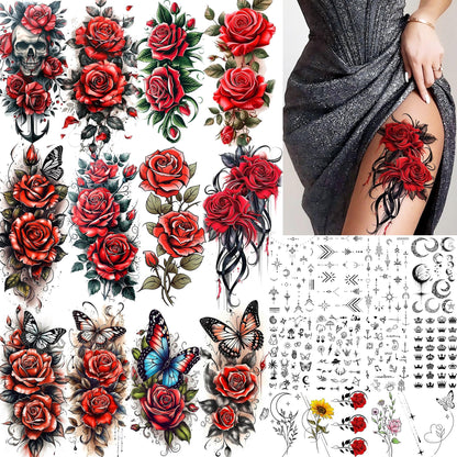 12 Sheets Beautiful Butterfly Flowers Temporary Tattoos For Women Feet Hands Body Art, Realistic Rose Peony Floral Fake Tattoo Sticker For Legs Ankle, Waterproof Lily Dreamcatcher Temp Tatoos Decals