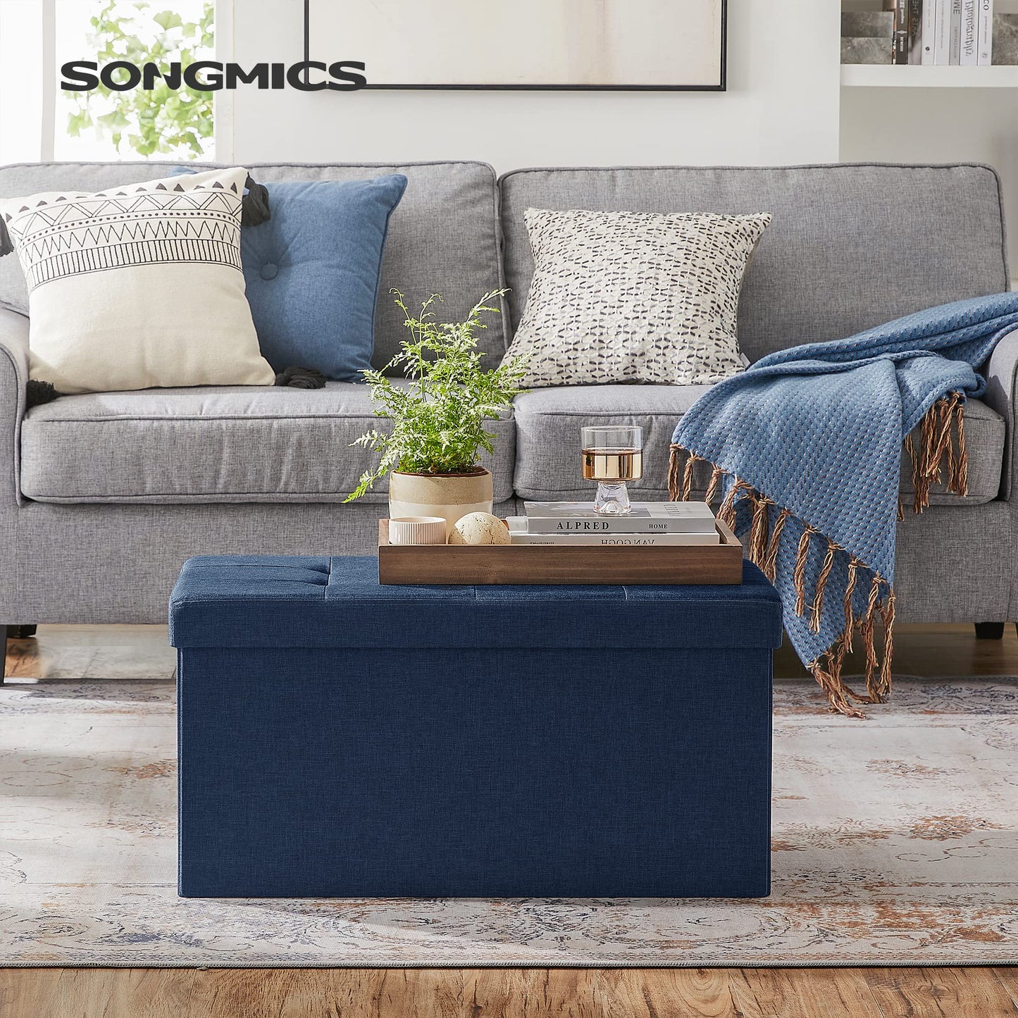 SONGMICS MAZIE Collection - 30 Inches Folding Storage Ottoman Bench, Ottoman Foot Rest, End of Bed Bench, Storage Chest, Load 660 lb, for Living Room, Bedroom, Entryway, Dark Gray ULSF47K