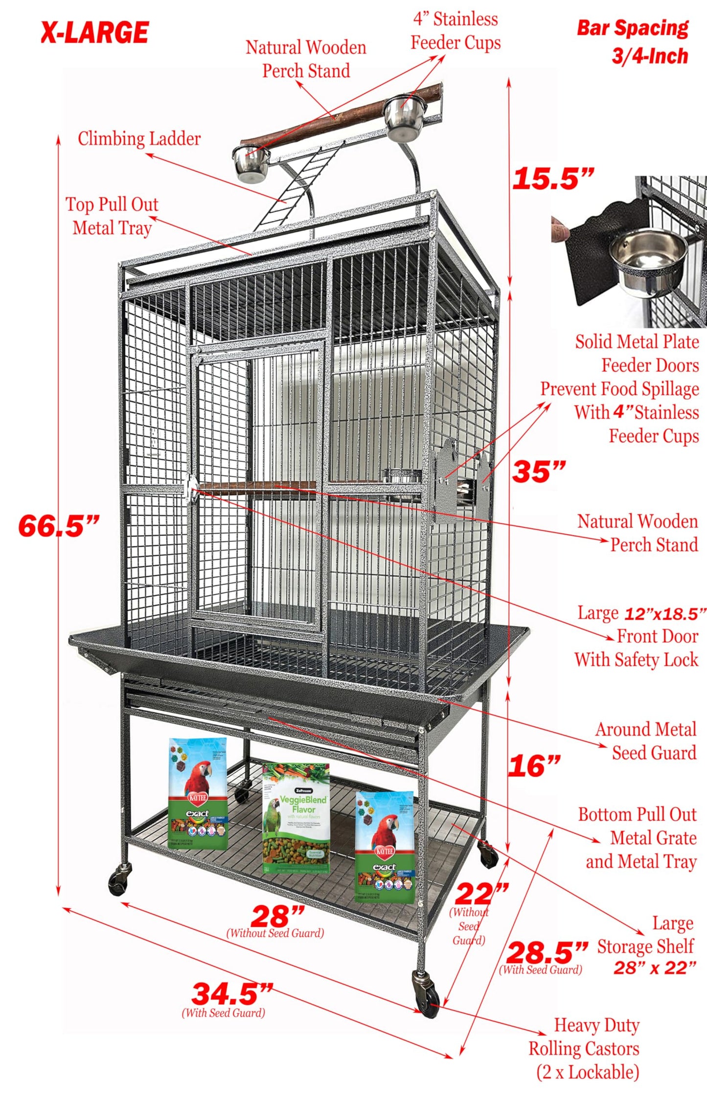 Large Elegant and Durable Wrought Iron Play Ground Perch Stand Top Climbing Ladder Bird Parrot Rolling Metal Cage with Around Seed Guard Storage Shelf On Heavy Duty Lockable Rolling Wheels