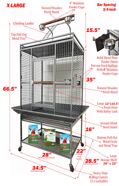 Large Elegant and Durable Wrought Iron Play Ground Perch Stand Top Climbing Ladder Bird Parrot Rolling Metal Cage with Around Seed Guard Storage Shelf On Heavy Duty Lockable Rolling Wheels