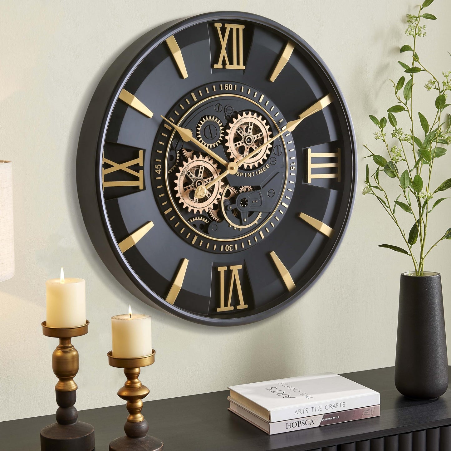 CLXEAST Mid Century Minimalist Modern Wall Clocks,24 Inch Wall Clock with Moving Gears, Large Cream Gold Wall Clocks for Living Room Decor,House Warming Gifts New Home