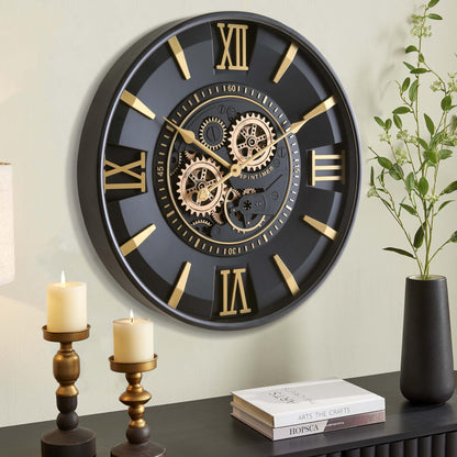 CLXEAST Mid Century Minimalist Modern Wall Clocks,24 Inch Wall Clock with Moving Gears, Large Cream Gold Wall Clocks for Living Room Decor,House Warming Gifts New Home